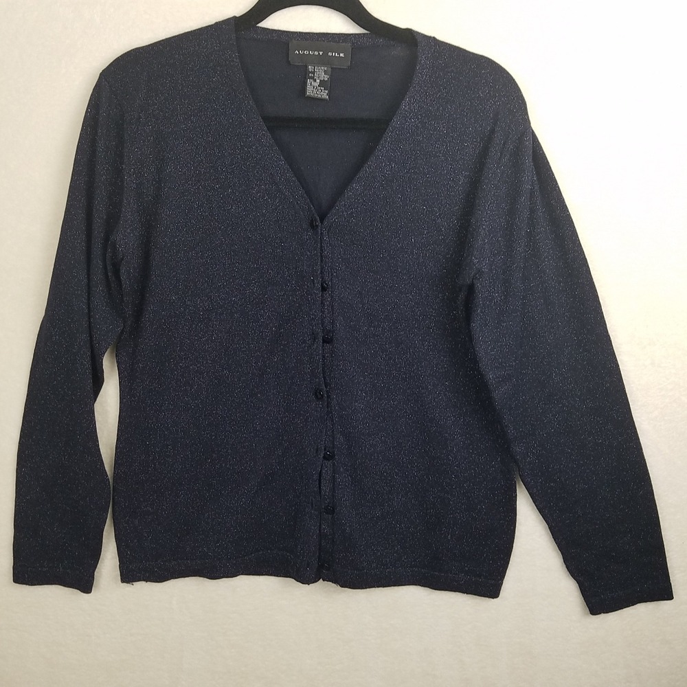 August Silk Women's M Navy Sparkle Knit Cardigan‎ V Neck Button Front
